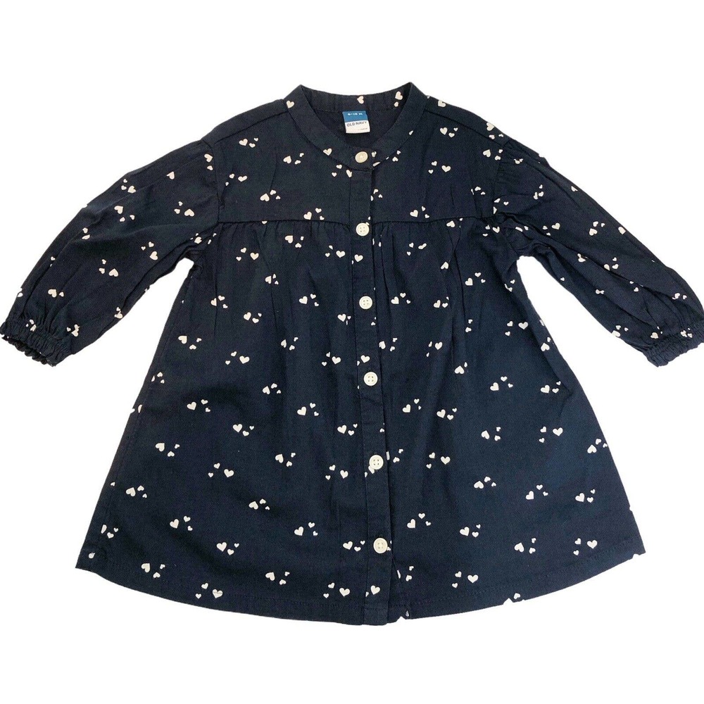 Old Navy NWT Baby Girls' Long Sleeve Navy Heart Button Front Dress Size 6-12M